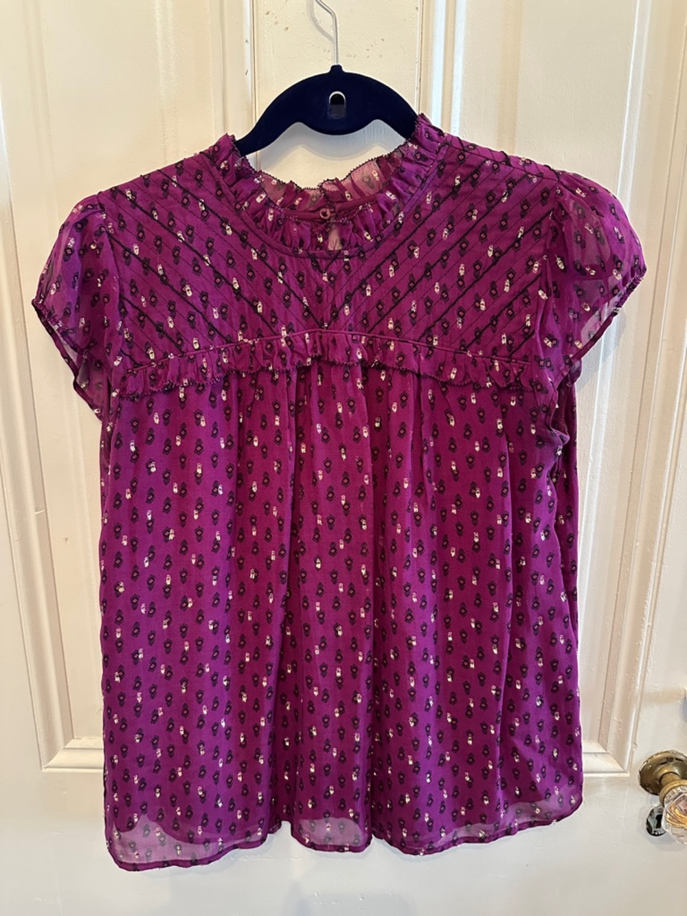 BASH Purple Short-Sleeve Ruffled Yoke Blouse